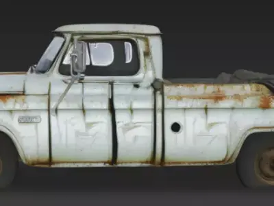 3D model of a scratched broken old rugged blue pickup truck 3D model