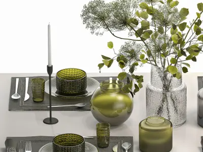 Stylish Table Setting For 4 Persons With A Bouquet 3D model