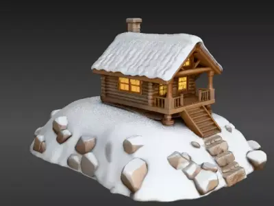 Winter Cabin on Snow Hill 3D Scene Model Cozy Christmas  Low-poly 3D model