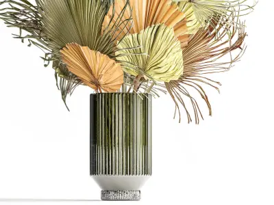bouquet of dried flowers vase glass palm leaf branch 305 3D model