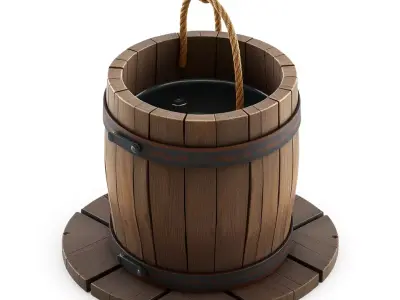 Wooden Well Bucket with Base Low-poly 3D model