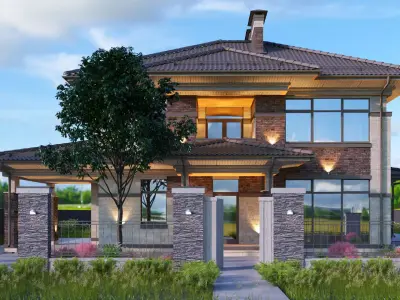 Model of a Wright-style house with a carport for one car 3D model