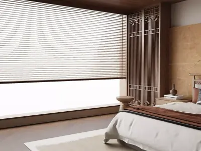 Modern Oriental Bedroom with Zen Wooden Wall Mural 3D model