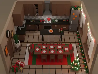 Low Poly Modular Simple Christmas Interior Pack Kitchen Low-poly 3D model