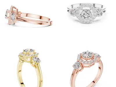 Luxury Halo Ladies Diamond Ring CAD Design With Side Stones 3D print model