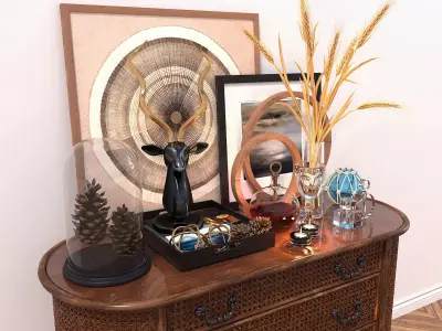 Rattan Sideboard and Decoration 3D model