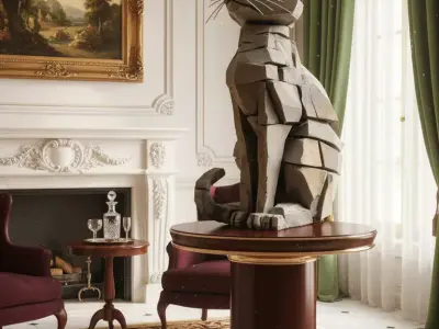 Stone Cat Sculpture Geometric Feline Art Faceted Design Low-poly 3D model