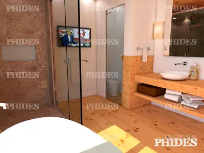 Bathroom with wood floors and mountains 3D model