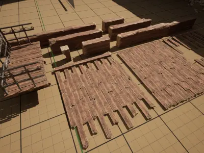 Wooden beams planks floor and balcony pack Low-poly 3D model