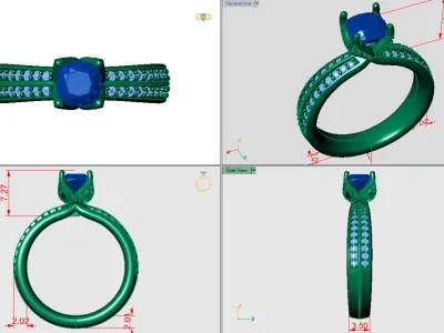 Cushion-Square ring with double channel stones along the shank 3D print model