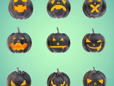 Carved pumpkin heads low poly 3d models set 3  Low-poly 3D model