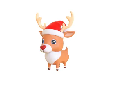 Cute Reindeer Wearing Santa Hat 3D Model Christmas Decor Low-poly 3D model