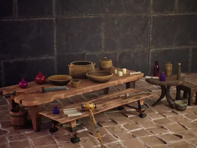 Stylized utensils potion bottles and weapons Low-poly 3D model