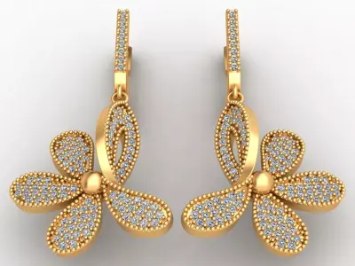 Flower Butterfly Style Diamond Gold Earring 3D print model