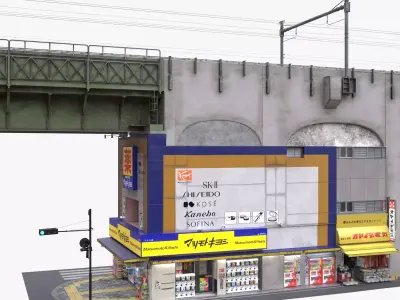 Akihabara Tokyo Street with Buildings and Sidewalk Low-poly 3D model