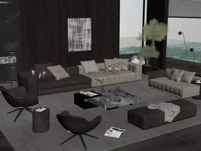 Dual-Tone Luxury Living Room 3D Model 3D model
