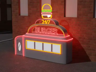 Cheap diner with a neon sign Low-poly 3D model