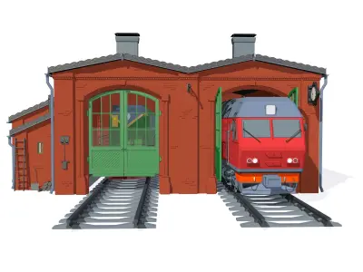 Railway depot with diesel locomotive 3D model