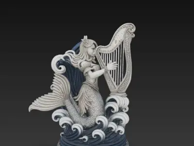 Mermaid Playing Harp Statue 3D model