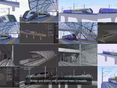 Bridge and station with american train 3D Model Collection