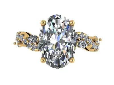 oval solitaire under halo with waved shank marquise on the side  3D print model