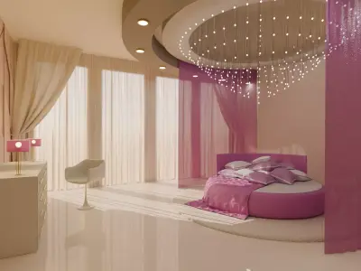 Elegant Round Bed Bedroom Interior Scene Low-poly 3D model