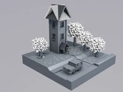 Low Poly - Antumn house with trees and car Low-poly 3D model
