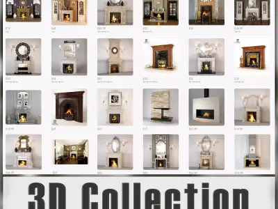 Fireplaces Collection fireplace with two vases and fire 3D model