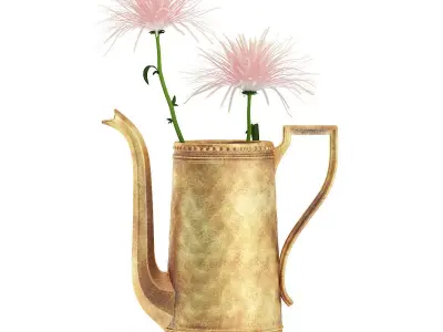 Pink Flowes in Golden Teapot 3D model