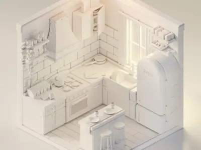 Isometric Room Scene Kitchen Cartoon - Escena Isometrica Cocina 3D model