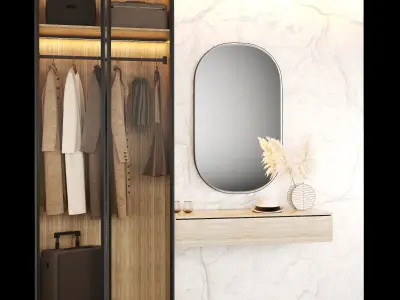 Hallway wardrobe with mirror and clothes hanging in it 3D model