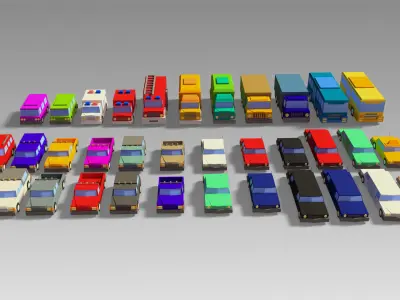 Car Set different colored trucks Low-poly 3D model