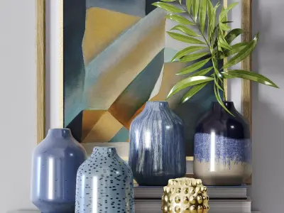 decorative set vases on shelf with painting 3D model