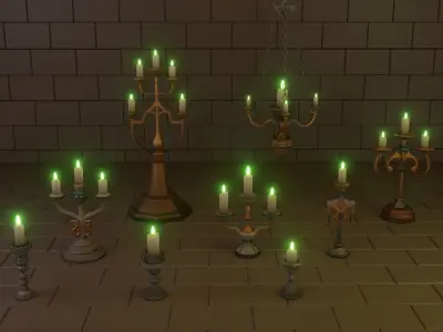 Collection of 9 Low Poly Medieval Fantasy Candlesticks Low-poly 3D model