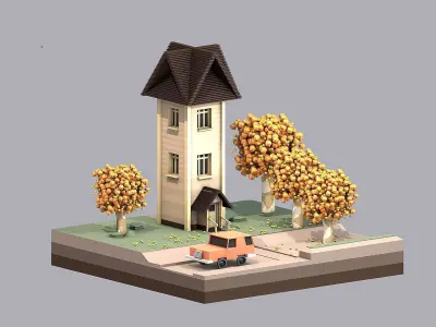 Low Poly - Antumn house with trees and car Low-poly 3D model