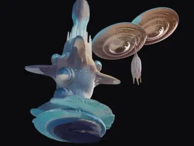 Statue of Futuristic Building and 2 UFOs Low-poly 3D model