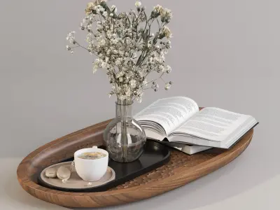Coffee set 07 - coffee cup flower open book 3D model