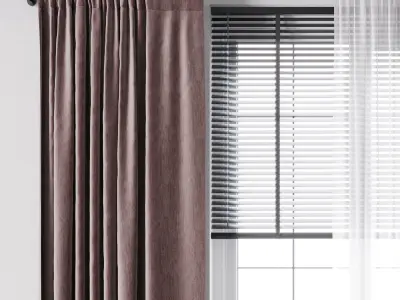 Red curtain with metal curtain rod and metal blind 09 Low-poly 3D model