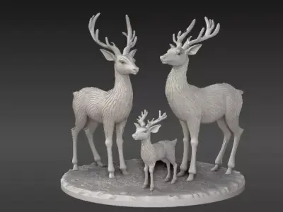 Winter Deer Family 3D Model Christmas Print-Ready Low-poly 3D model
