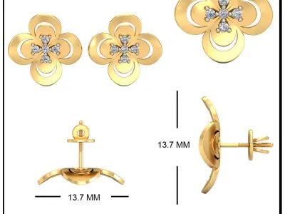 Earring 3dm STL OBJ FBX Render Details pair of gold flower st... 3D print model