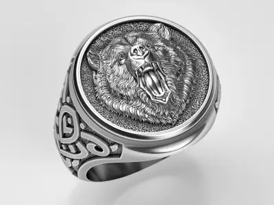 Men ring with a bear and an ornament 3D print model
