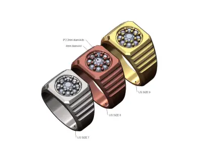 Square top round cluster diamond undulated signet US sizes 7 8 9 3D print model