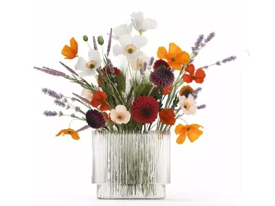 Bouquet Of Wild Flowers In A Vase Lavender Poppy 486 3D model