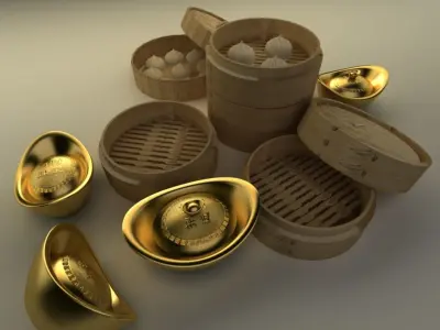 Chinese gold ingot and bamboo steamer buns  3D model
