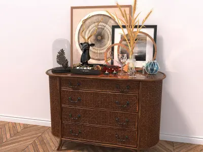 Rattan Sideboard and Decoration 3D model