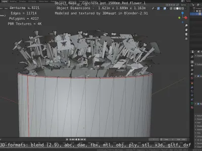 Concrete Pot 1500mm with Red Flowers Version 1 Low-poly 3D model
