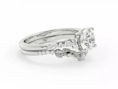Round Diamond and Leaf Contour Band Engagement Wedding Set 3DM 3D print model