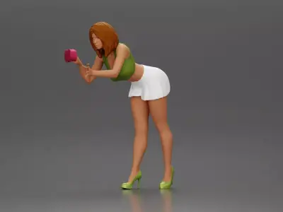 Woman in green top and white skirt washing car with sponge 3D print model