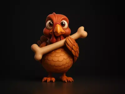 Cute Cartoon Turkey Holding Bone  3D Printable Thanksgiving 3D print model