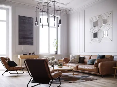 Mid Century interior scene 3D model  Low-poly 3D model